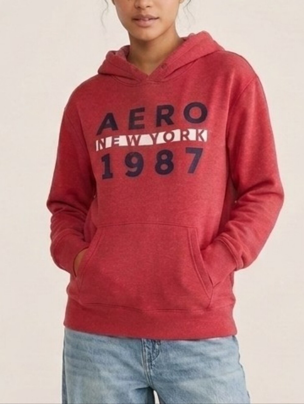 Aeropostale Red Pullover Hoodie with AERO 1987 Graphic S Cozy Soft Y2K Style